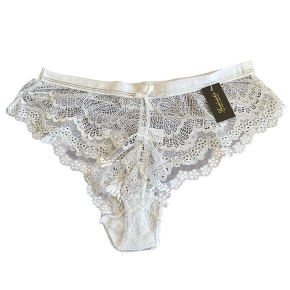 Frederick's Hollywood Lace Bralette Panty Set 1X White Nude Bridal Bow Sexy NWT - Picture 10 of 13